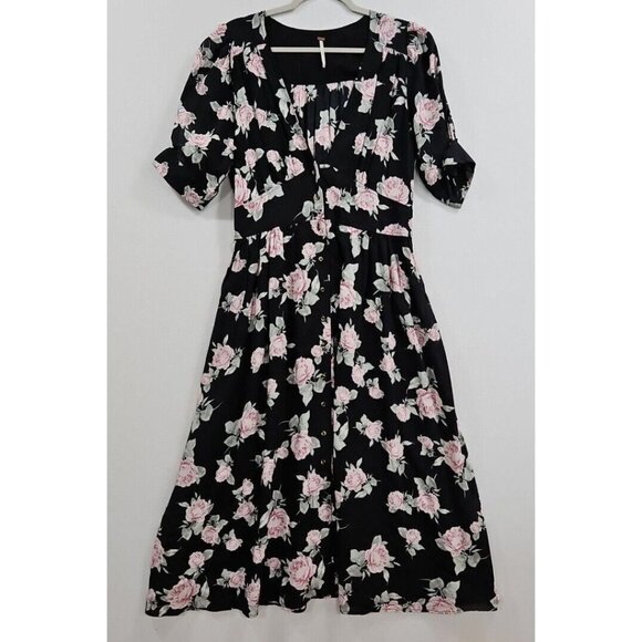 Free People Dresses & Skirts - Free People Love of My Life Printed Midi Dress Size Large Black Pink Floral